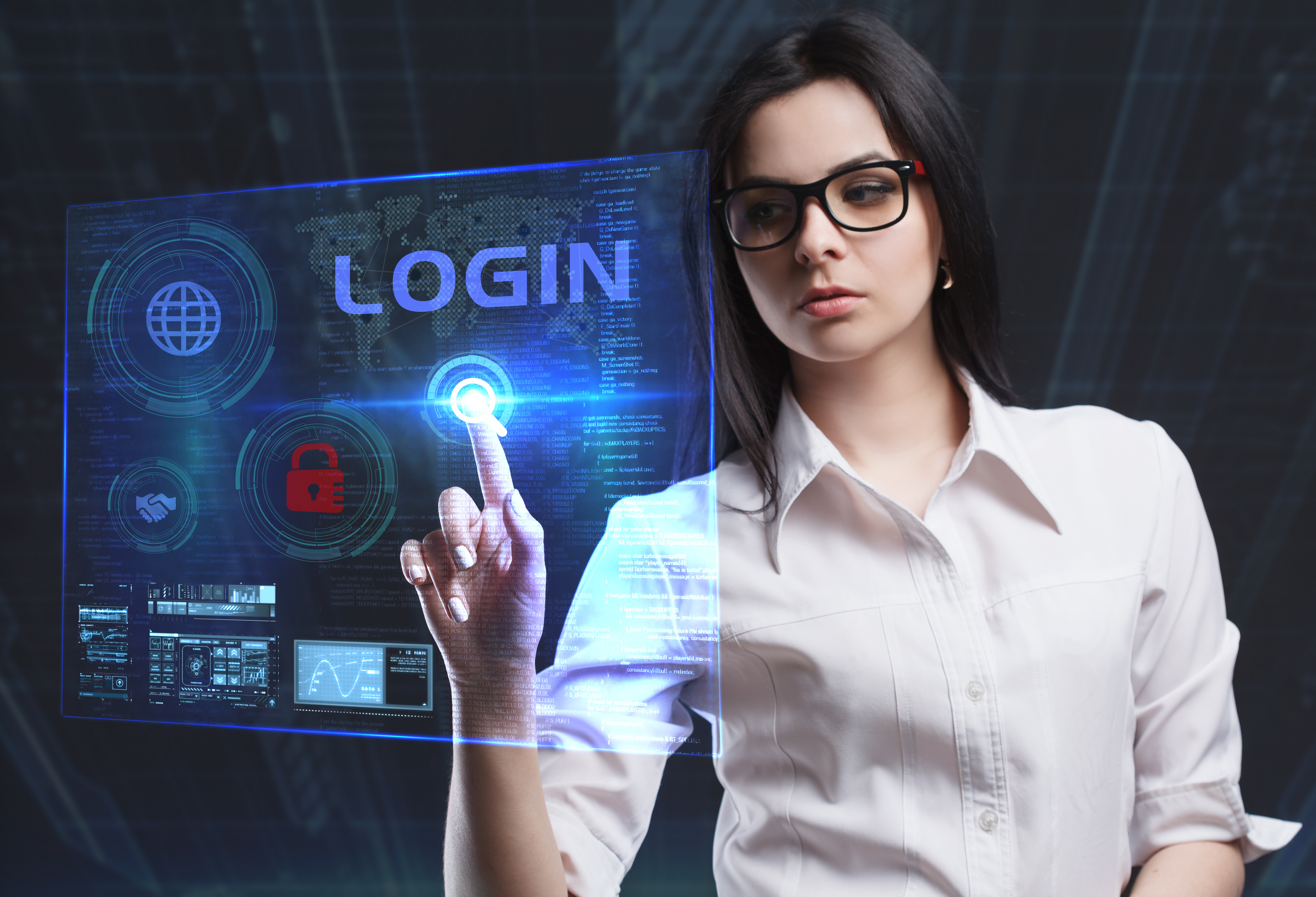 The Concept Of Business, Technology, The Internet And The Network. A Young Entrepreneur Working On A Virtual Screen Of The Future And Sees The Inscription: Login